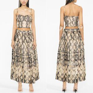 NWT Ulla Johnson Dimitra Midi Skirt in Fossil Grey Abstract Sz 8 Silk Tiered